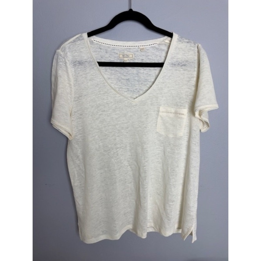 NWT Fat Face V-Neck Off-White Linen V-Neck T-Shirt Size 8 Modern Casual Eyelet